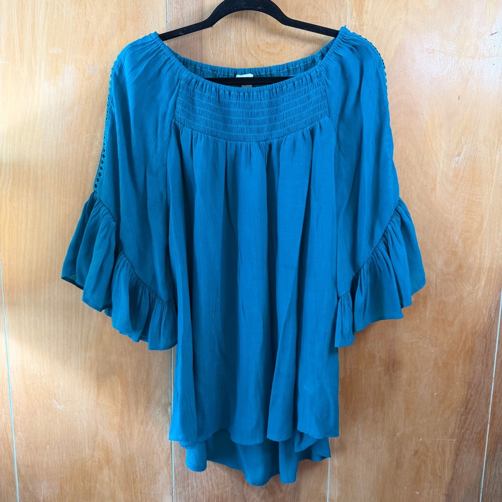 Cato Teal Blue Smocked Off‎ Shoulder Ruffle Bell Sleeve Blouse Plus Size 18/20W